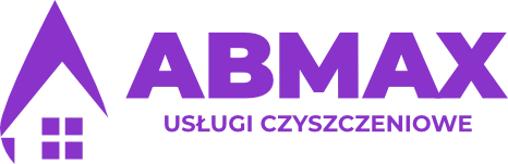 Logo firmy ABMAX Usługi Czyszczeniowe przedstawia fioletowy napis 'ABMAX' z mniejszym tekstem 'Usługi Czyszczeniowe' poniżej. Po lewej stronie znajduje się ikona domu z kominem, stylizowana na literę 'A', co symbolizuje specjalizację firmy w usługach związanych z czyszczeniem nieruchomości.